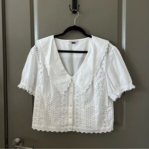 American Eagle | Short-Sleeve Ruffle Collar Eyelet Blouse